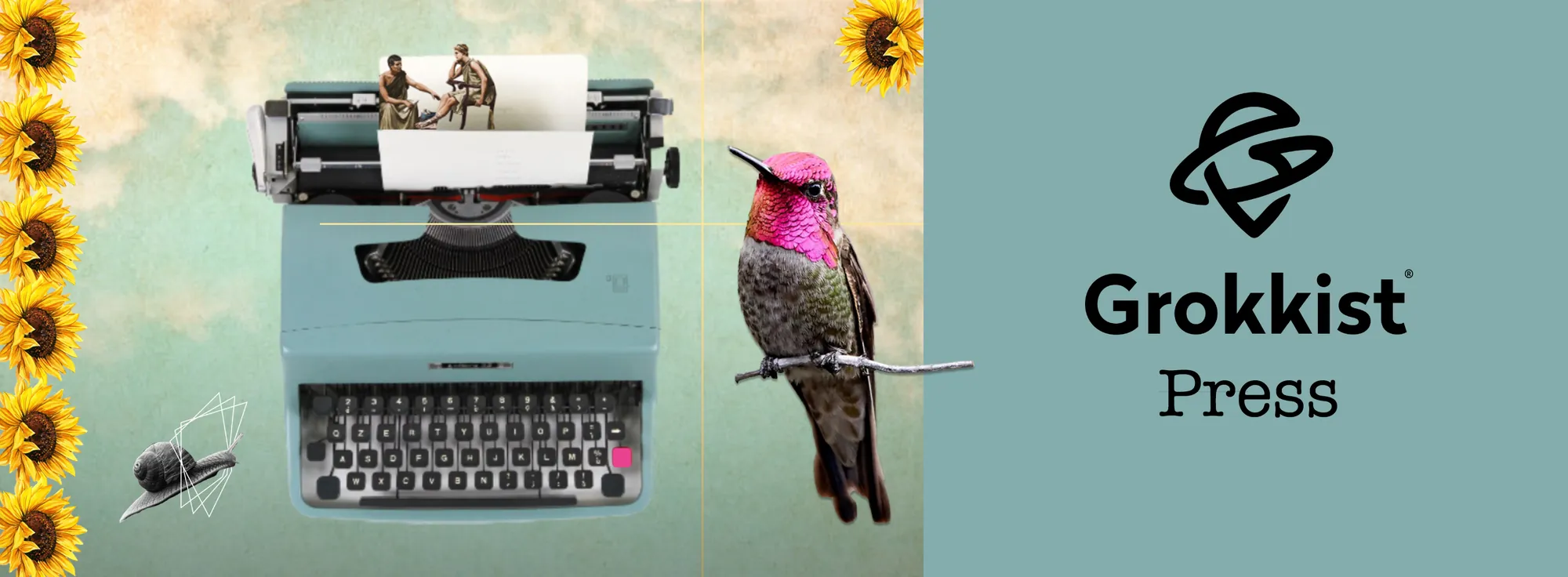 Grokkist Press — a collage by Jessica Böhme: a vintage typewriter, an Anna's hummingbird, sunflowers and a snail